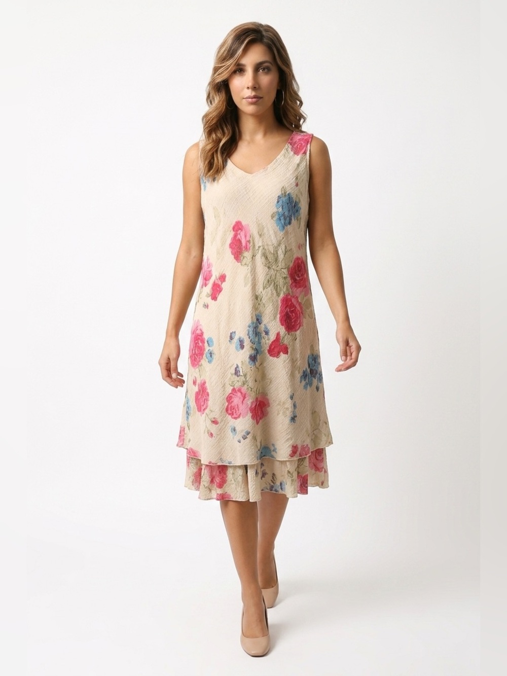 Tempo Paris Sleeveless Beige Dress with Pink & Blue Accents